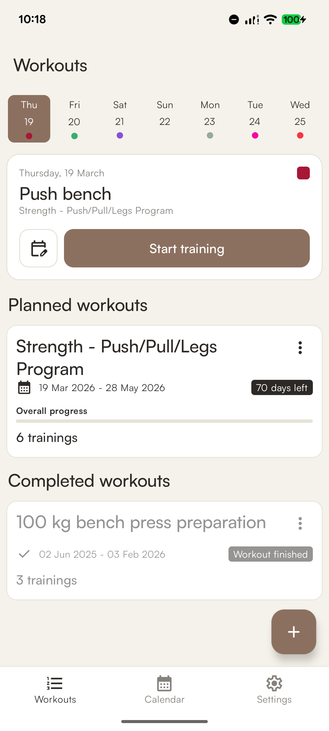 Workouts app - home screen with planned and completed workouts